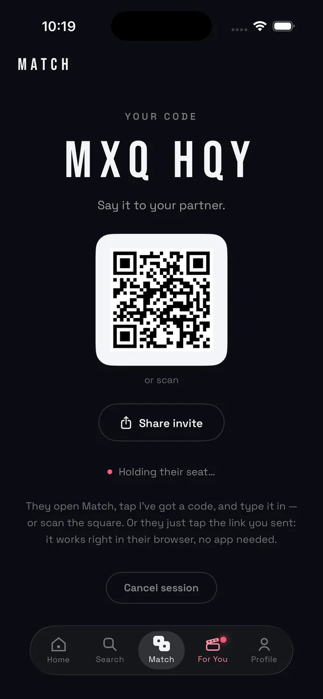 A POPSESH Match session showing the code MXQ HQY above a QR square, holding the partner's seat while they join by code, scan or link