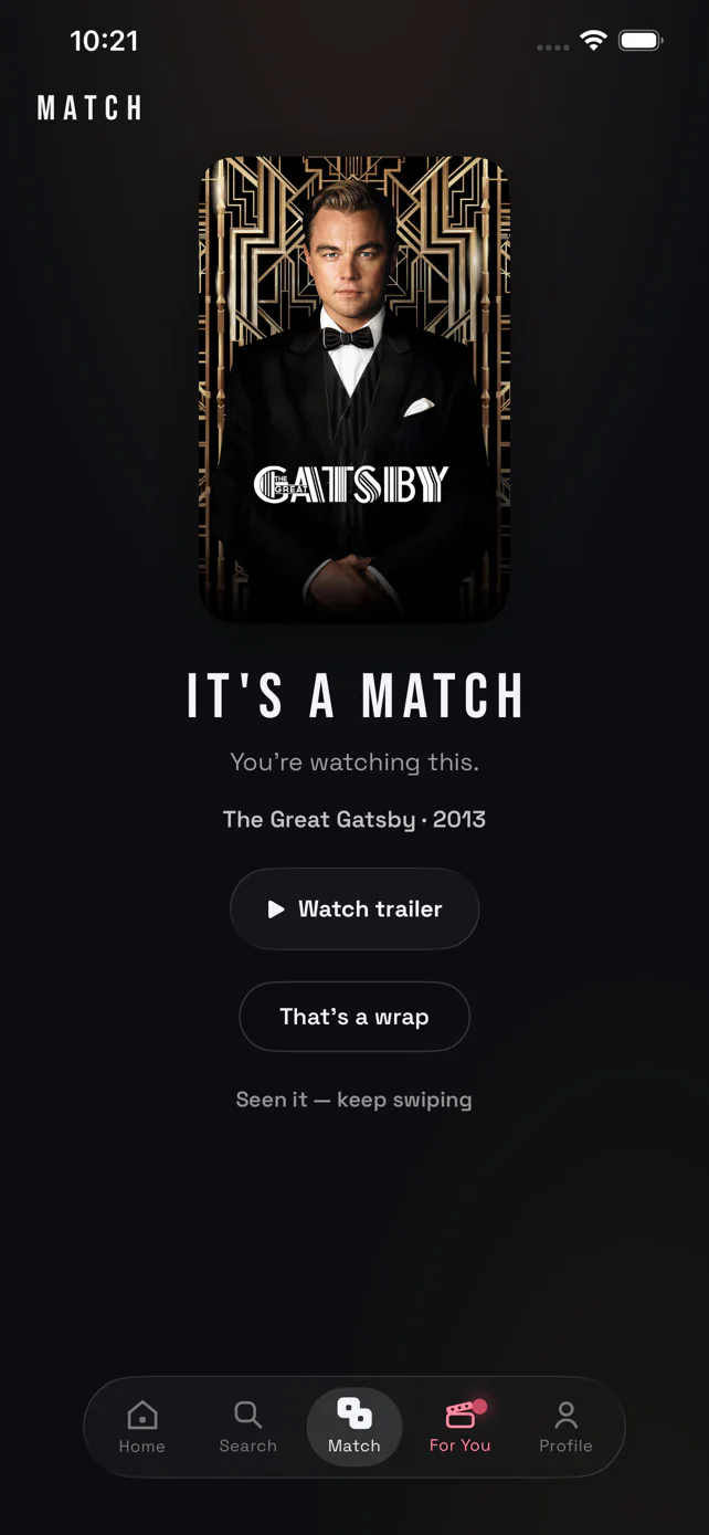 The POPSESH match screen: It's a match over The Great Gatsby, with Watch trailer underneath