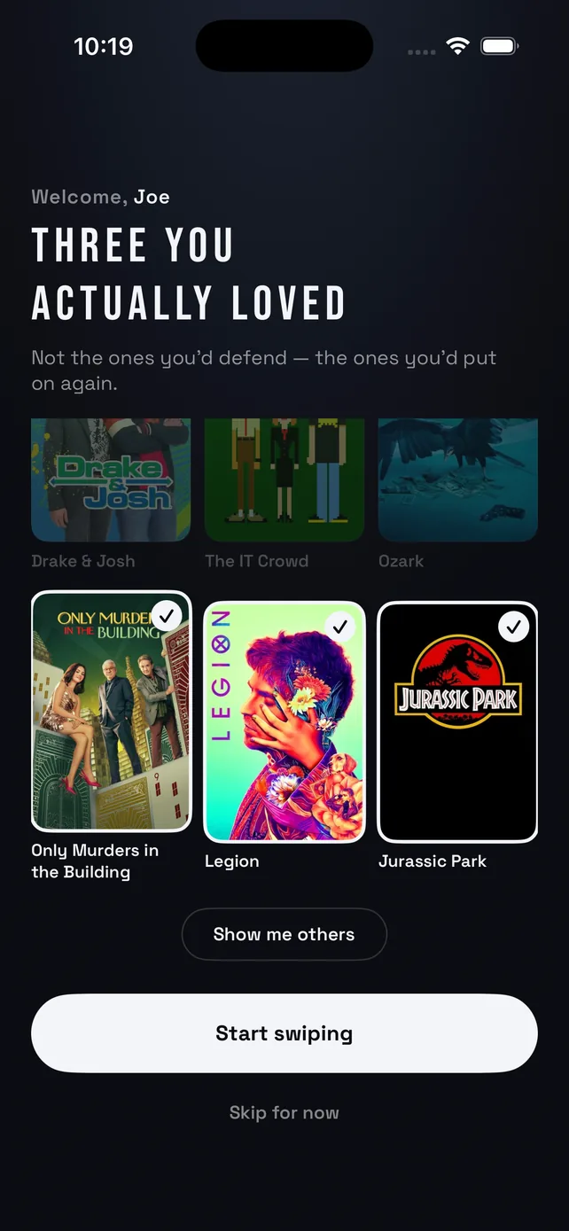POPSESH onboarding: a grid of posters under the heading Three you actually loved, with Only Murders in the Building, Legion and Jurassic Park ticked and a Show me others re-deal below