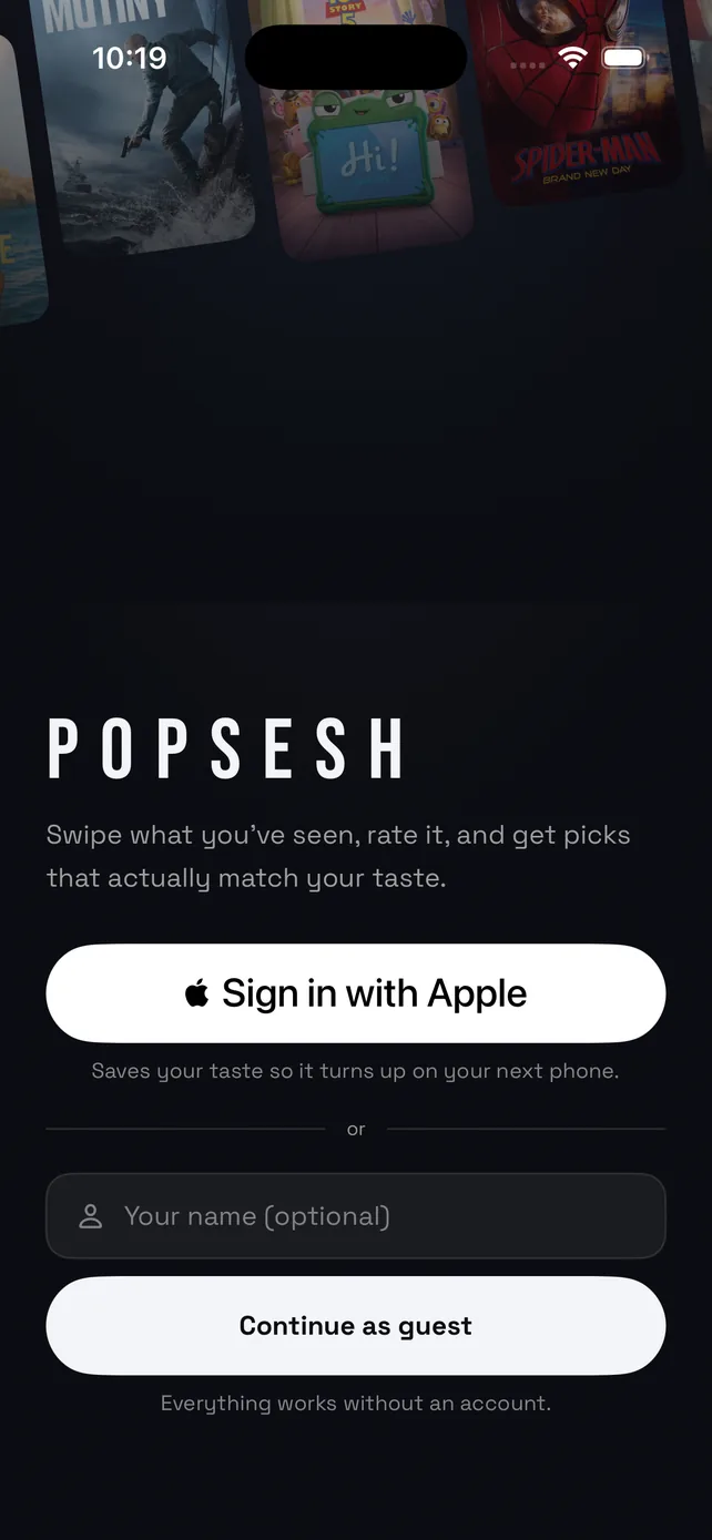 The POPSESH opening screen: sign in with Apple, or continue as guest — everything works without an account